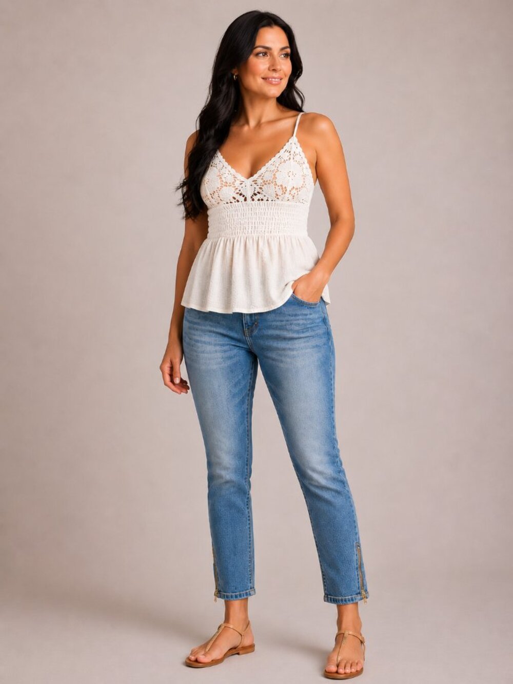 Derek Heart Ivory Crochet Lace Peplum Cami Stretch V neck Tank Top Size L